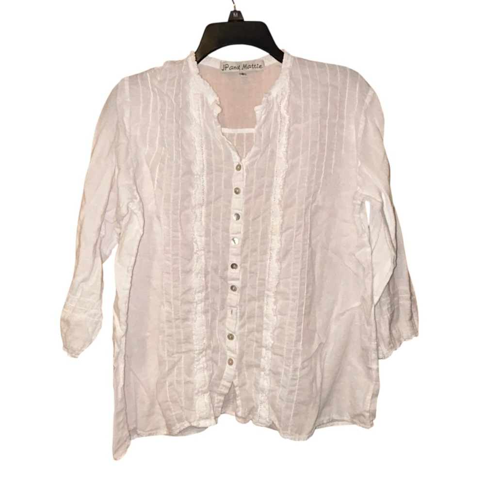 JP‎ and Mattie Womens White Pintuck Front Blouse Cotton Small Boho Peasant Top